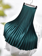 Women's Long Skirt | Pleated Satin High Waist Midi Skirt