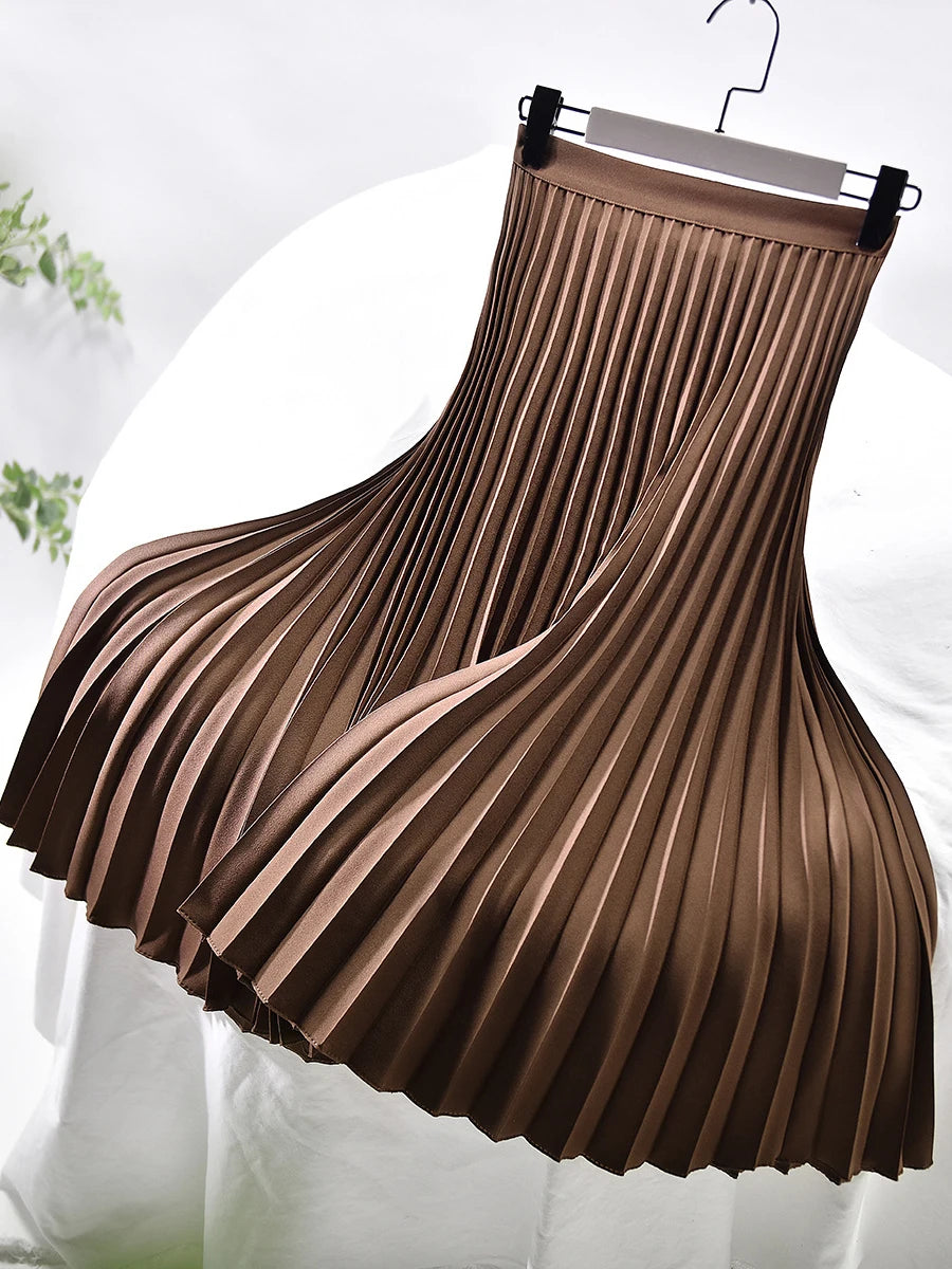 Women's Long Skirt | Pleated Satin High Waist Midi Skirt