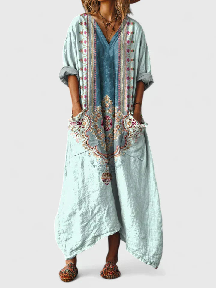 Women's Maxi Dress | Boho Paisley Print & Oversized Patch Pocket Style