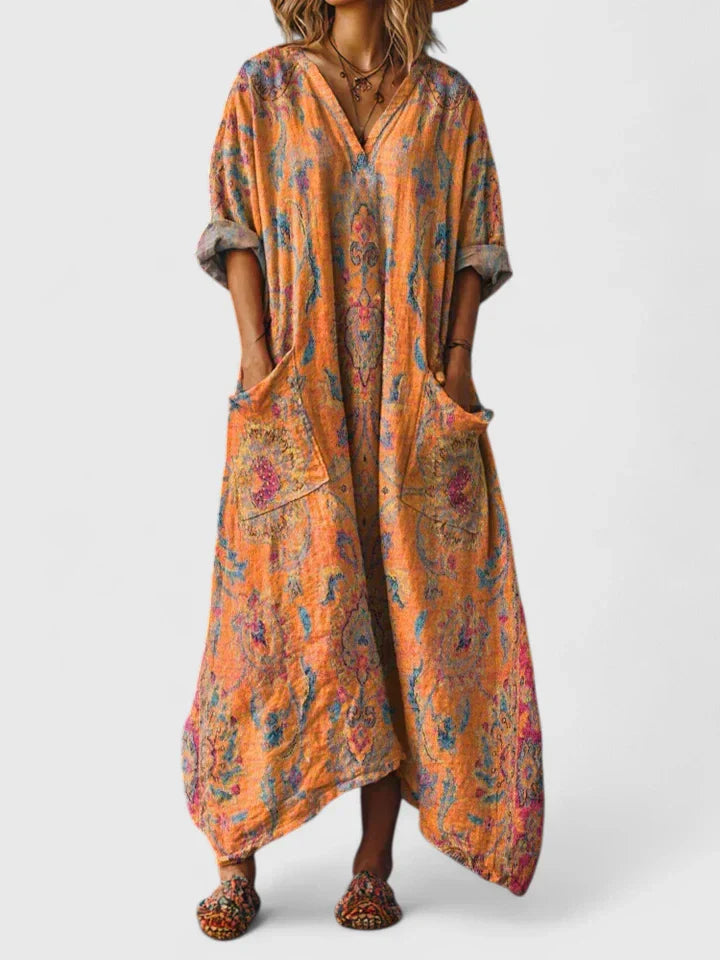 Women's Maxi Dress | Boho Paisley Print & Oversized Patch Pocket Style