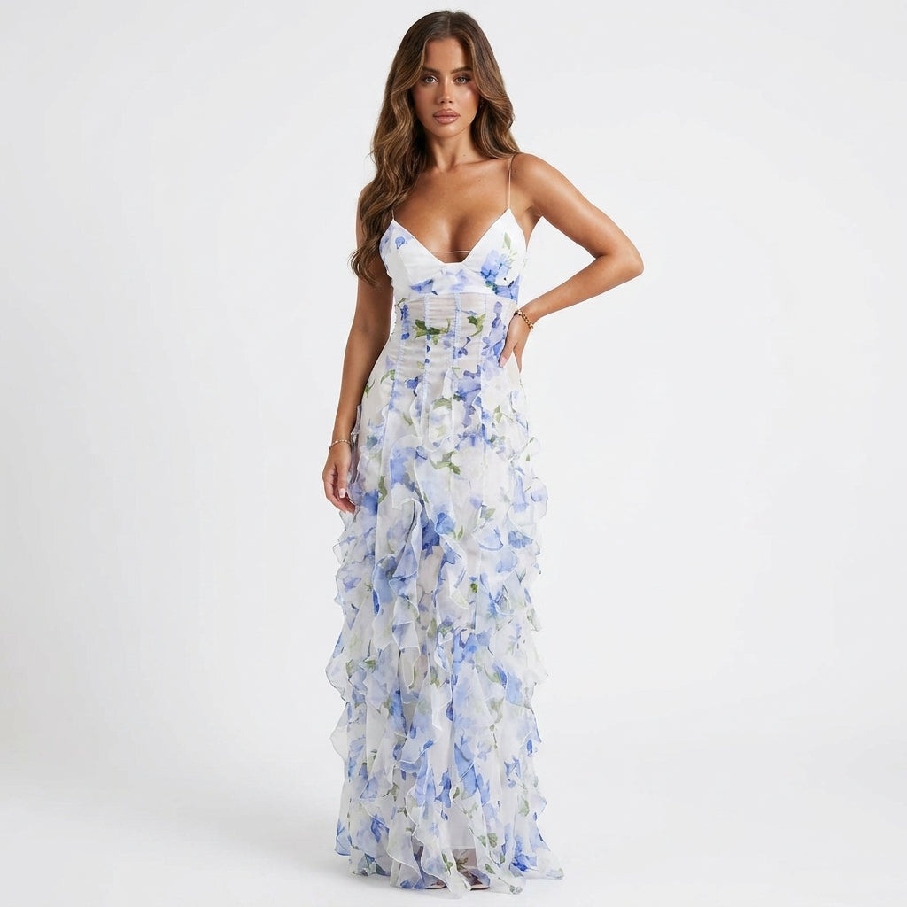 Women's Maxi Dress | Corset Bodice & Floral Ruffle Design