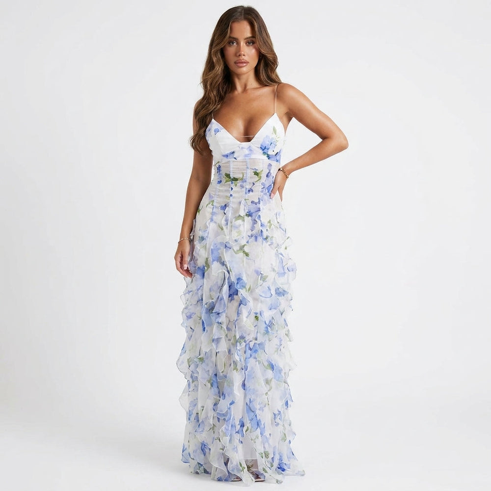Women's Maxi Dress | Corset Bodice & Floral Ruffle Design