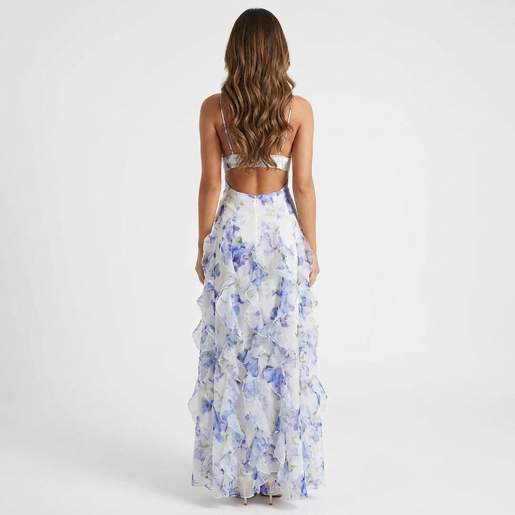 Women's Maxi Dress | Corset Bodice & Floral Ruffle Design
