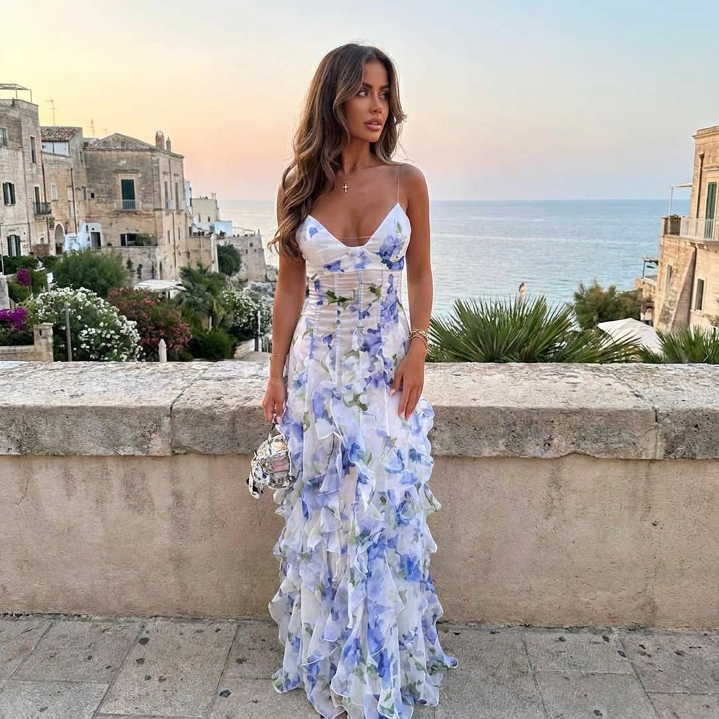 Women's Maxi Dress | Corset Bodice & Floral Ruffle Design