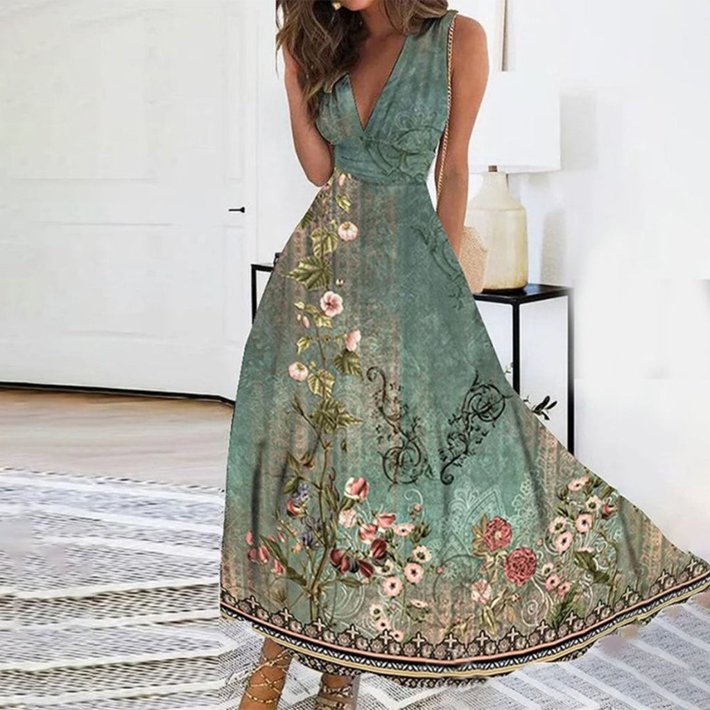 Women's Maxi Dress | Floral Print V-Neck & Sleeveless Flowing Design