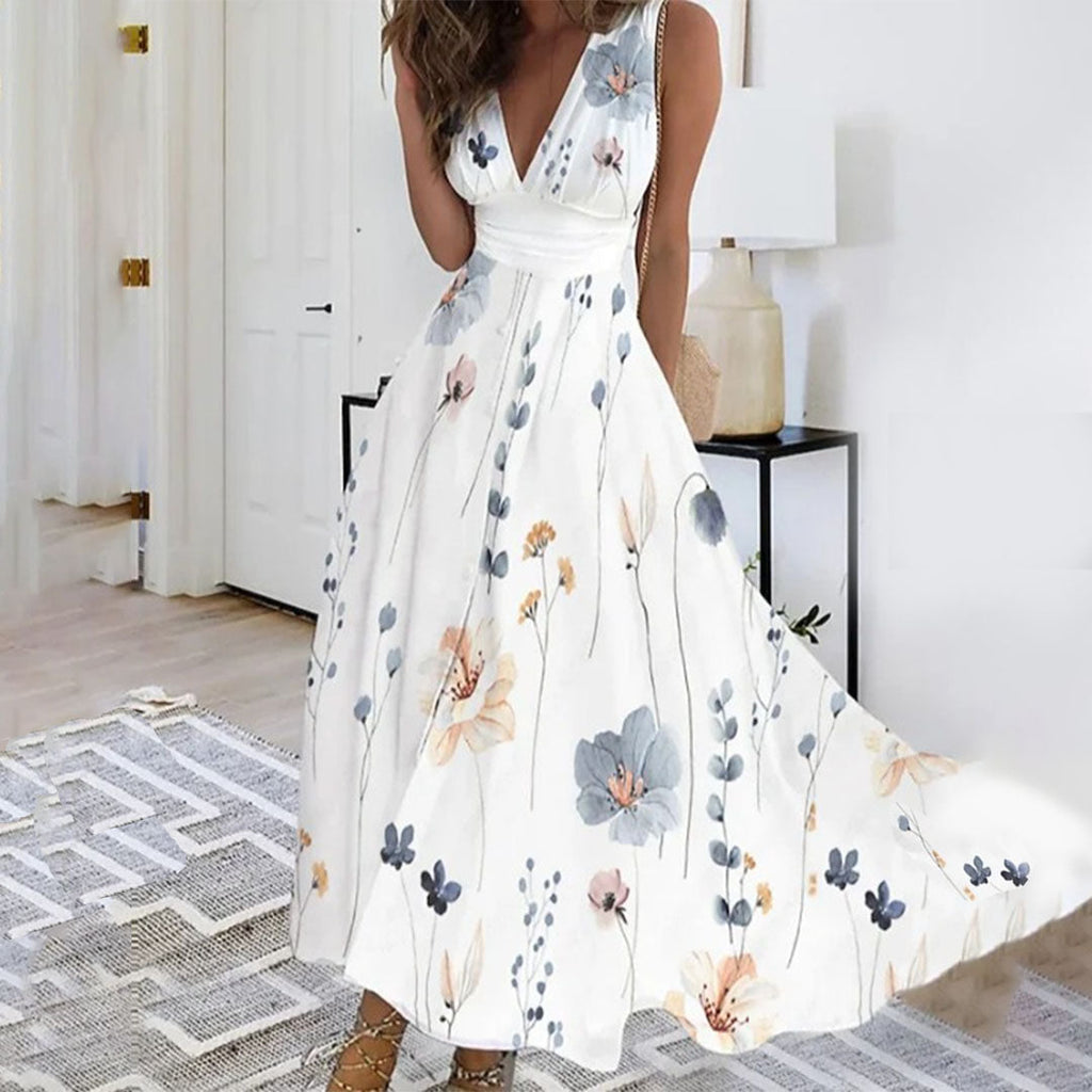 Women's Maxi Dress | Floral Print V-Neck & Sleeveless Flowing Design