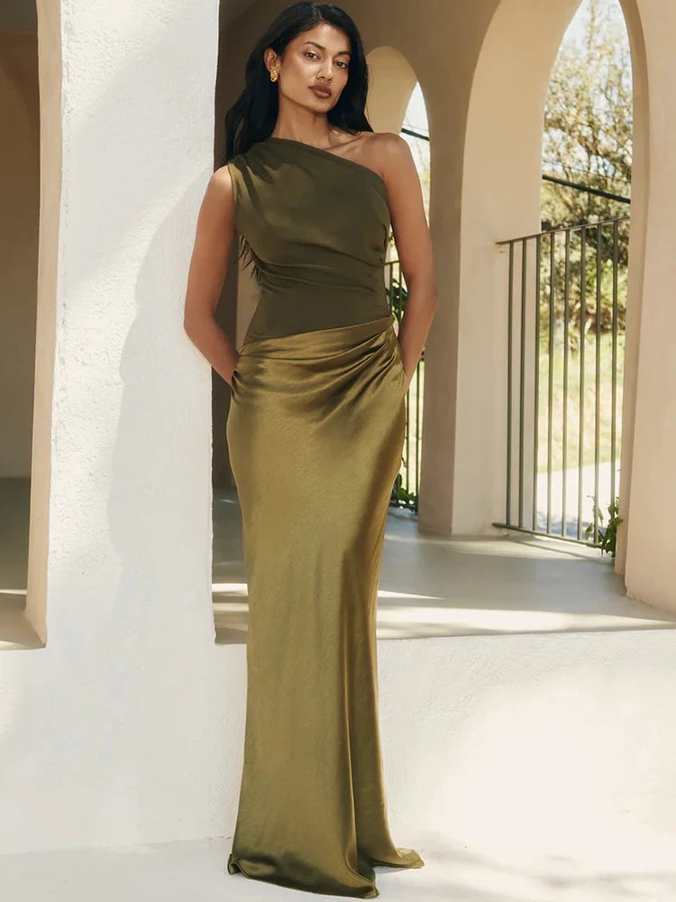 Women's Maxi Dress | One Shoulder Ruched Satin Floor Length