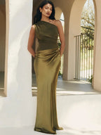 Women's Maxi Dress | One Shoulder Ruched Satin Floor Length