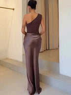 Women's Maxi Dress | One Shoulder Ruched Satin Floor Length