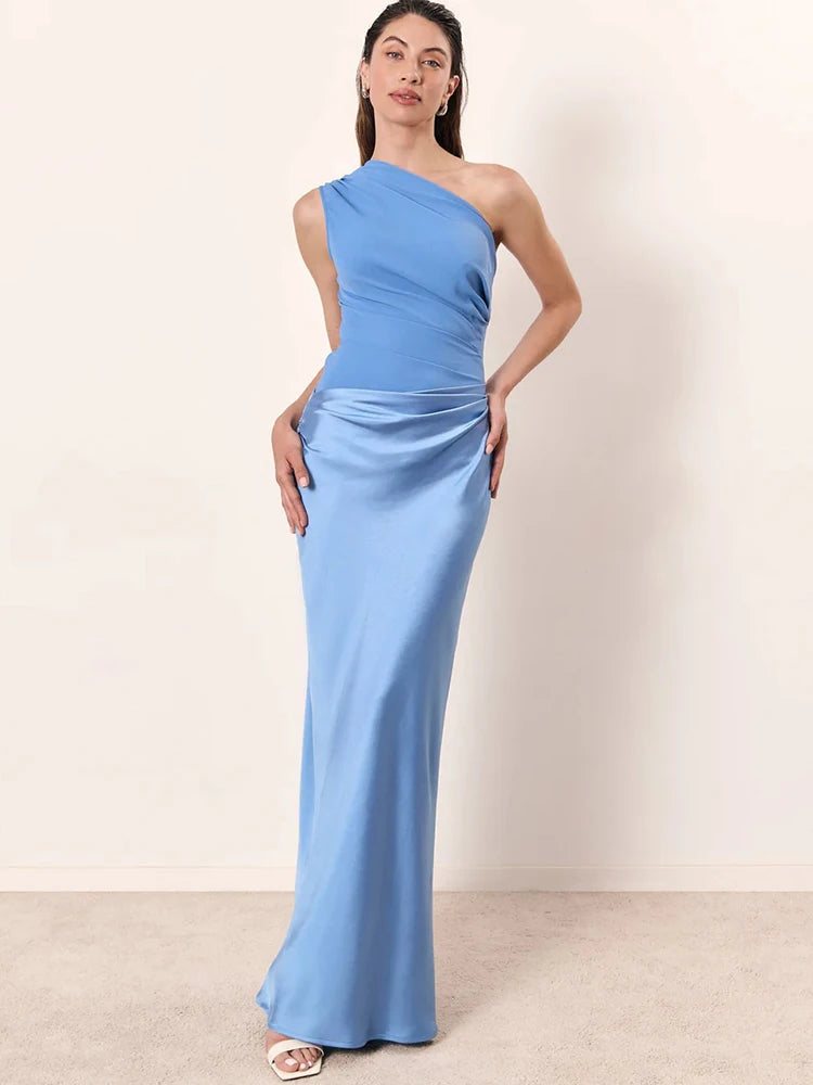 Women's Maxi Dress | One Shoulder Ruched Satin Floor Length