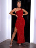 Women's Maxi Dress | One Shoulder Sequin Side Split Gown