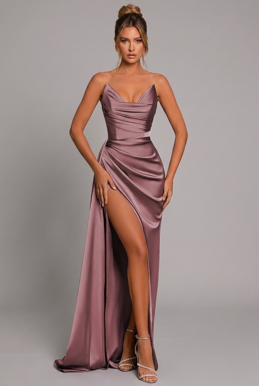 Women's Maxi Dress | Strapless Ruched High Slit