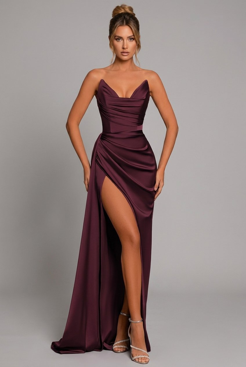 Women's Maxi Dress | Strapless Ruched High Slit