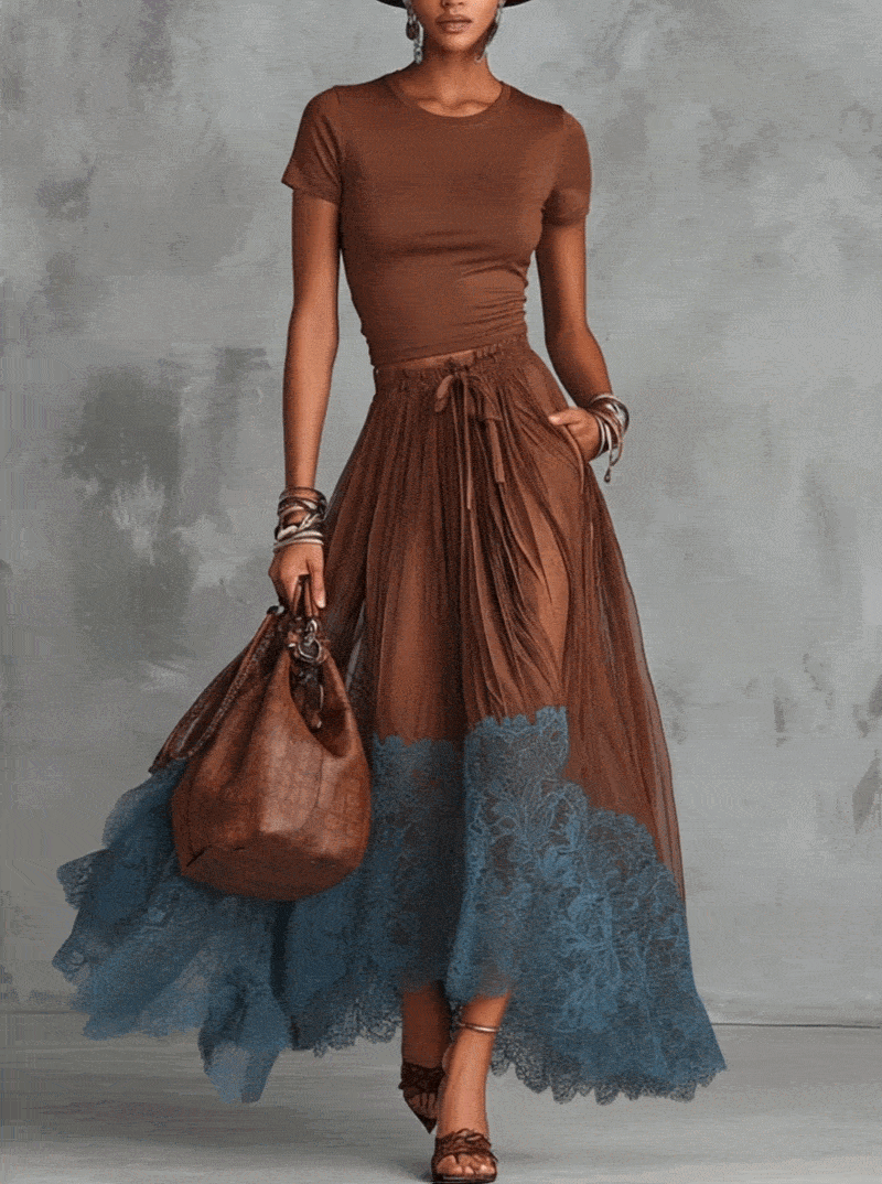 Women's Maxi Skirt Set | Tulle Lace Hem & Drawstring Waist Two Piece