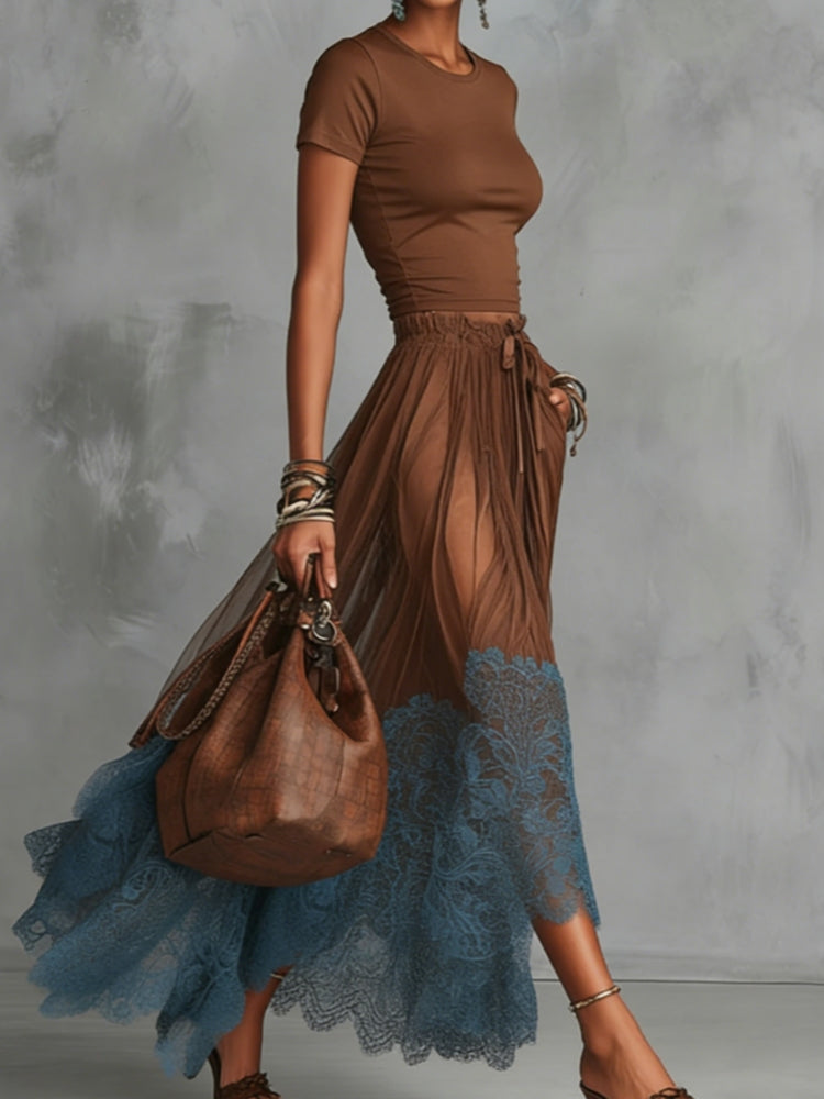 Women's Maxi Skirt Set | Tulle Lace Hem & Drawstring Waist Two Piece