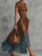 Women's Maxi Skirt Set | Tulle Lace Hem & Drawstring Waist Two Piece