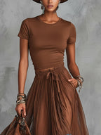 Women's Maxi Skirt Set | Tulle Lace Hem & Drawstring Waist Two Piece