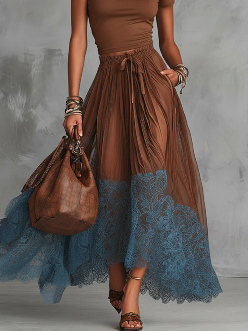 Women's Maxi Skirt Set | Tulle Lace Hem & Drawstring Waist Two Piece