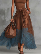 Women's Maxi Skirt Set | Tulle Lace Hem & Drawstring Waist Two Piece