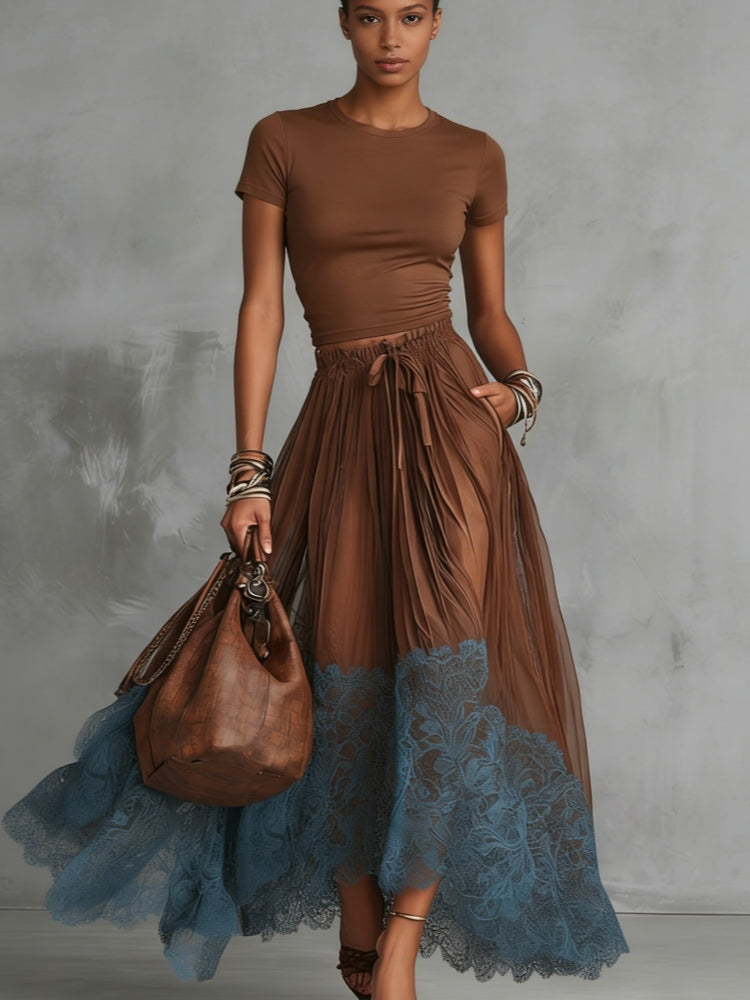 Women's Maxi Skirt Set | Tulle Lace Hem & Drawstring Waist Two Piece