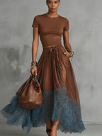 Women's Maxi Skirt Set | Tulle Lace Hem & Drawstring Waist Two Piece