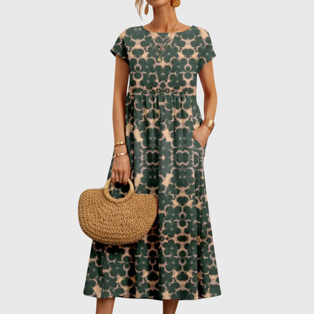 Women's Midi Dress | Bold Floral Print & Gathered Waist Swing Style