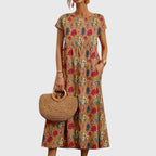 Women's Midi Dress | Bold Floral Print & Gathered Waist Swing Style