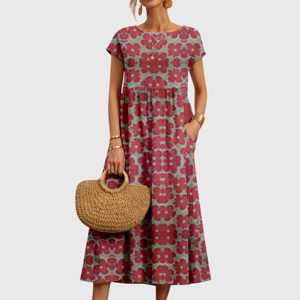 Women's Midi Dress | Bold Floral Print & Gathered Waist Swing Style