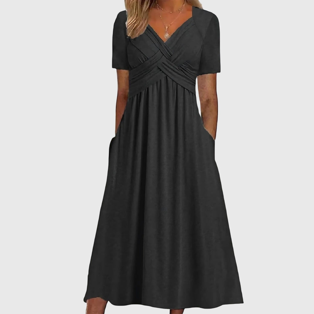 Women's Midi Dress | Cross Wrap V-Neck & Tummy Control Swing Style