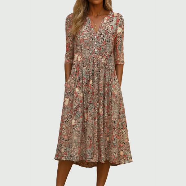 Women's Midi Dress | Floral Print Button Front & Pleated Swing Skirt