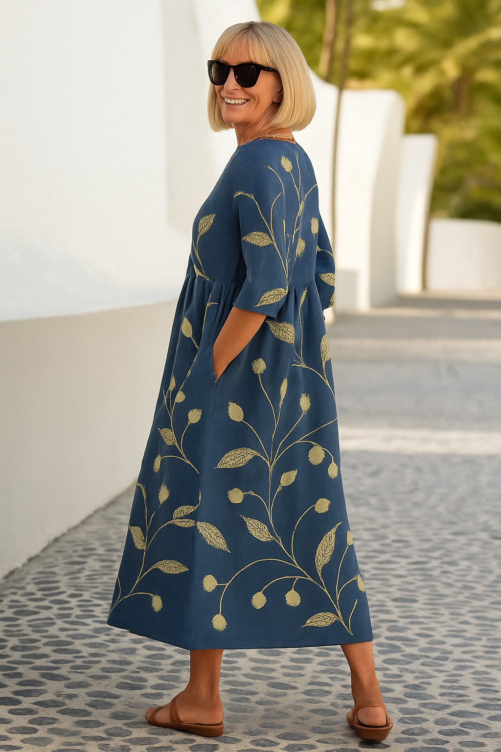 Women's Midi Dress | Floral Vine Print & Empire Waist Swing Style
