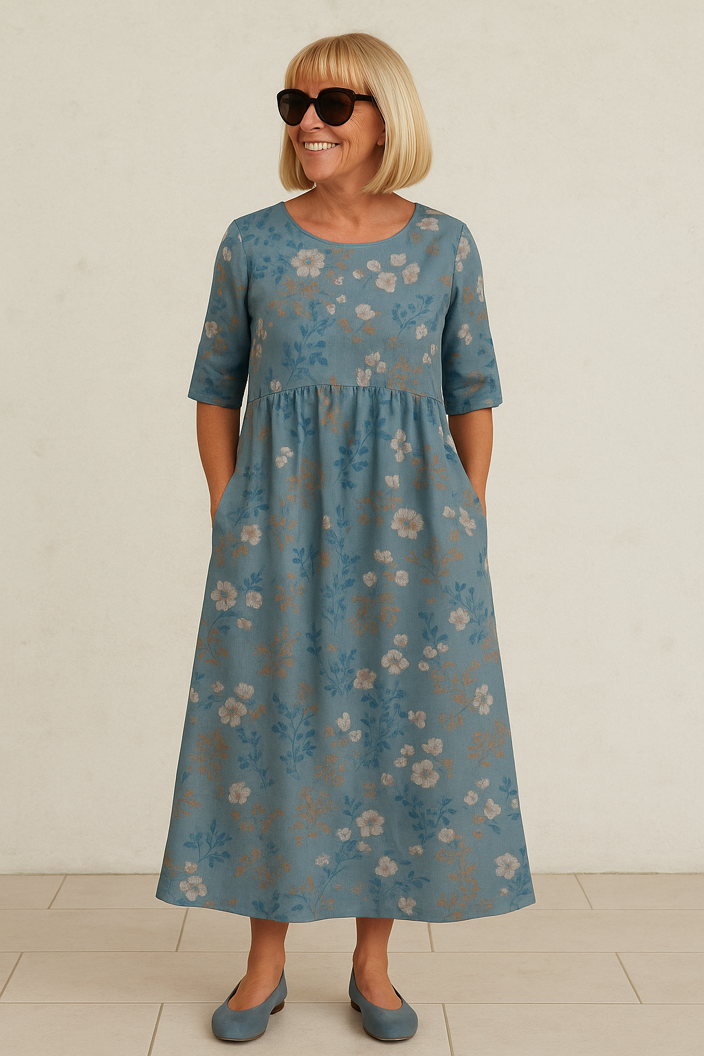 Women's Midi Dress | Floral Vine Print & Empire Waist Swing Style