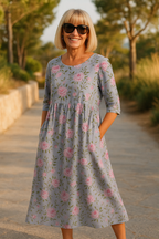 Women's Midi Dress | Floral Vine Print & Empire Waist Swing Style