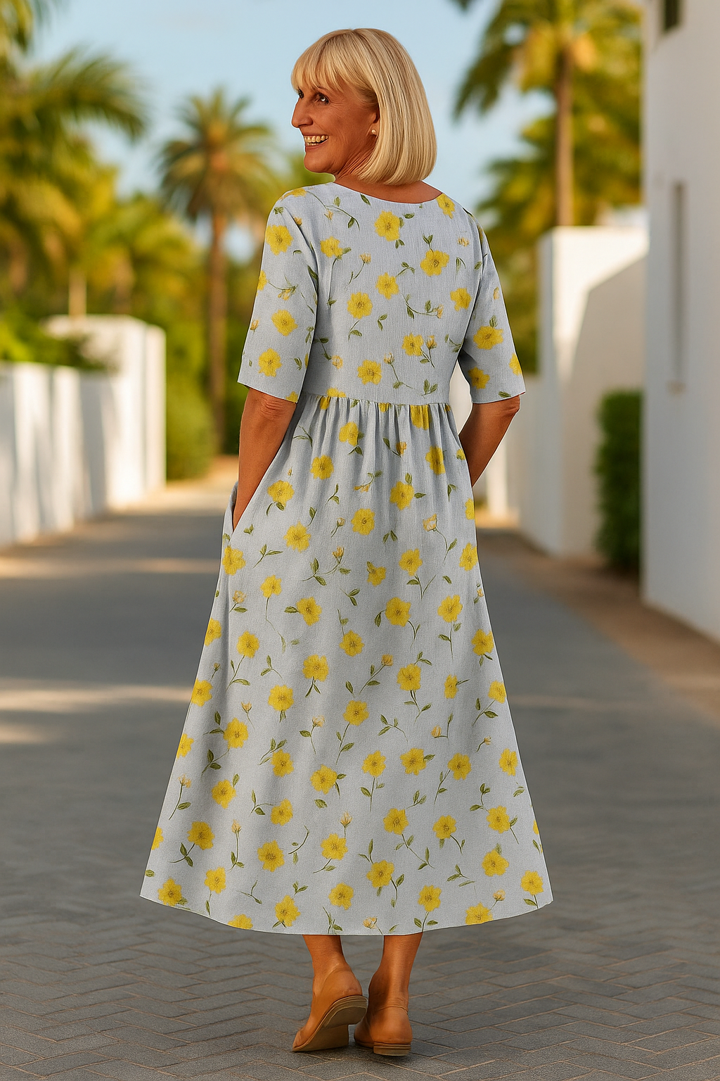 Women's Midi Dress | Floral Vine Print & Empire Waist Swing Style