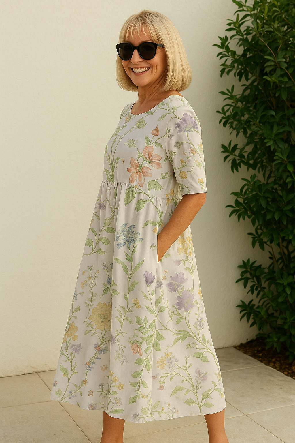 Women's Midi Dress | Floral Vine Print & Empire Waist Swing Style