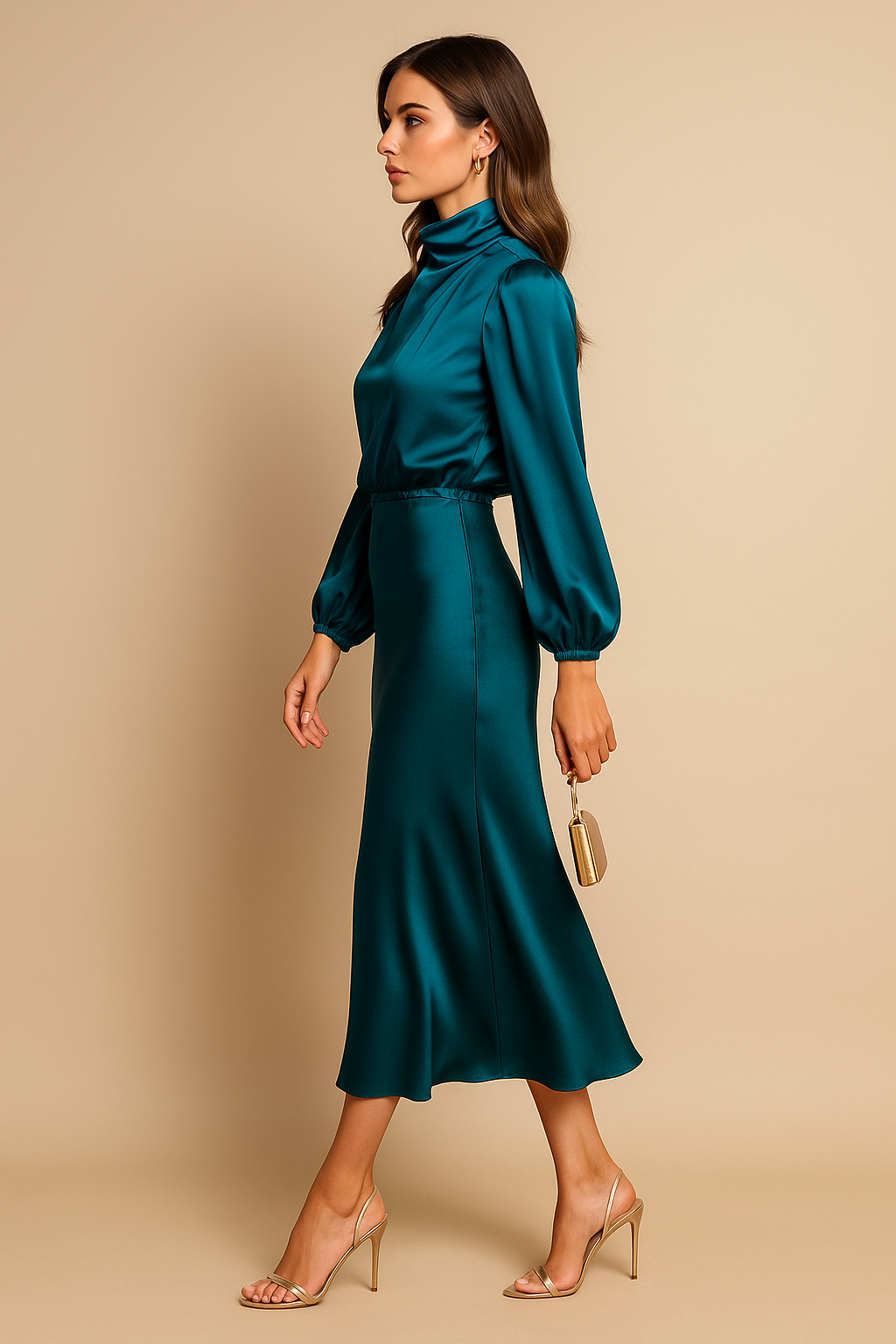 Women's Midi Dress | High Neck & Long Sleeve Elegance