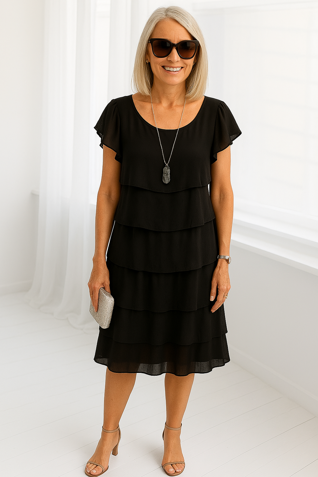 Women's Midi Dress | Tiered Ruffle Layers & Flutter Sleeves