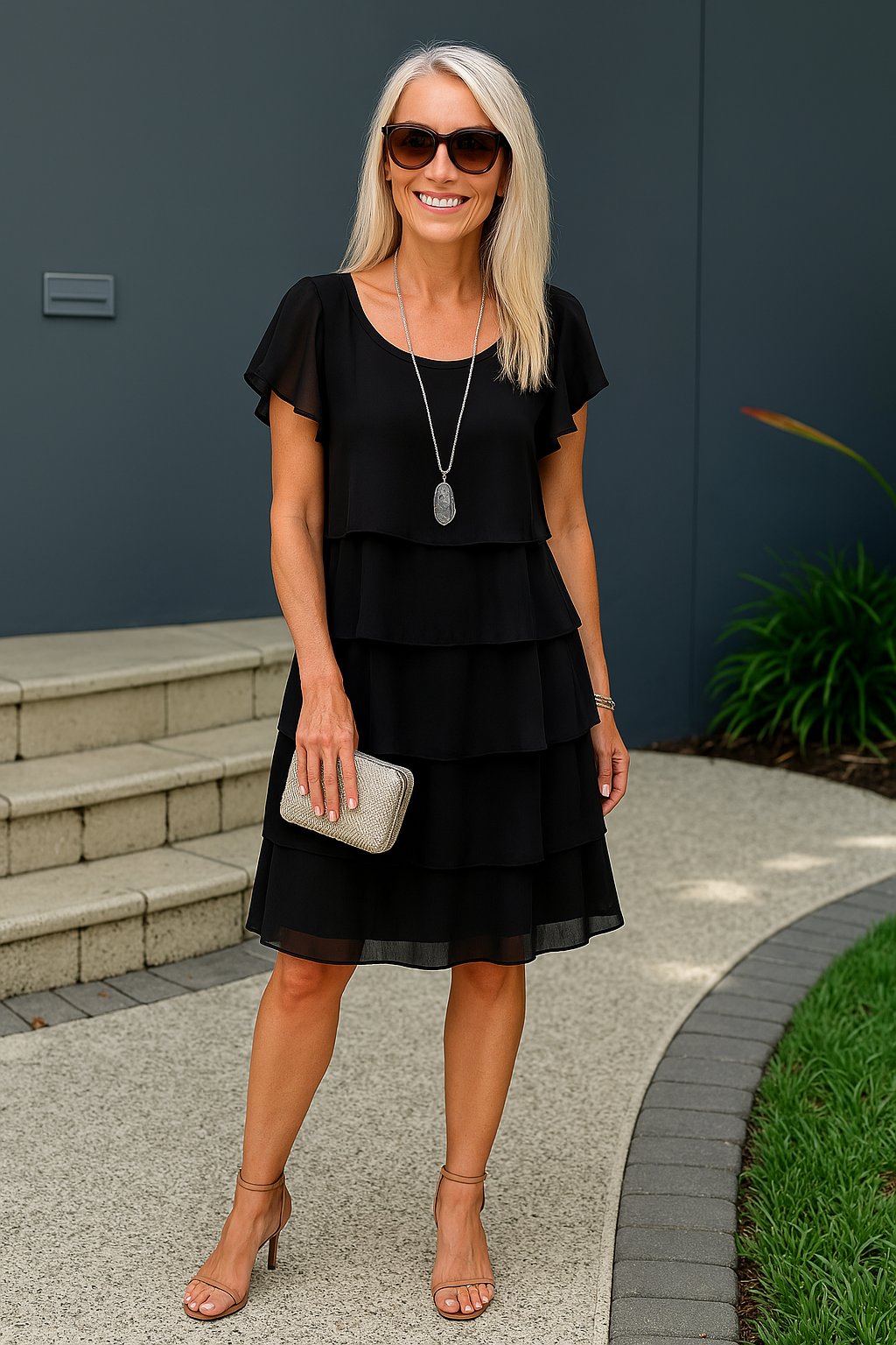 Women's Midi Dress | Tiered Ruffle Layers & Flutter Sleeves
