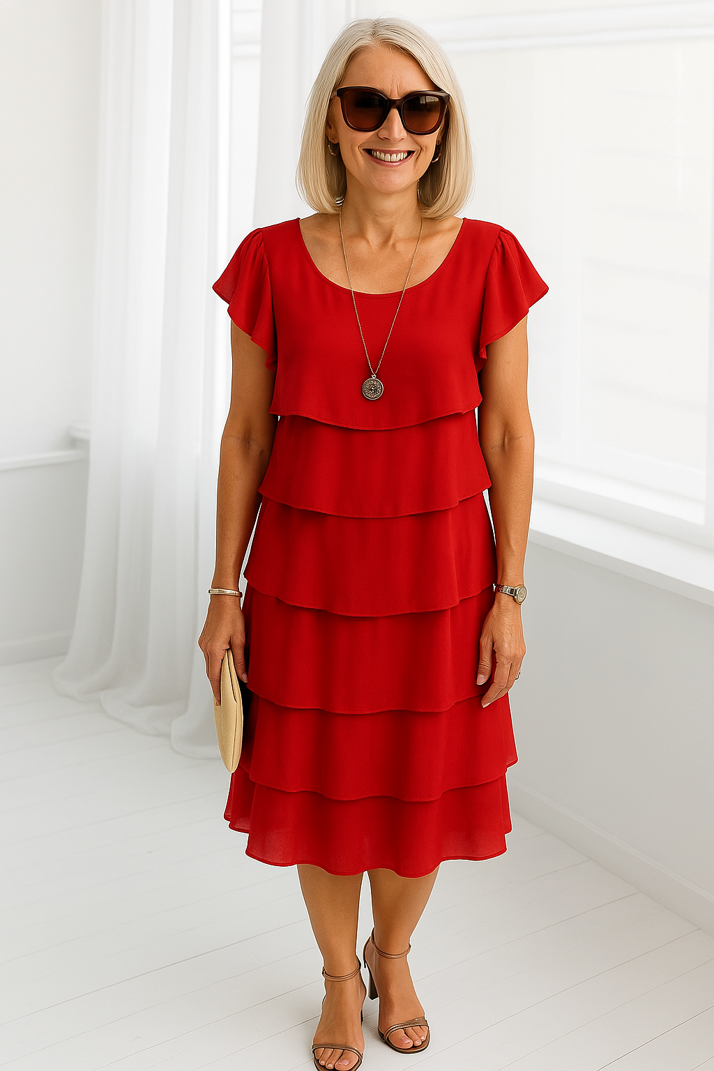 Women's Midi Dress | Tiered Ruffle Layers & Flutter Sleeves