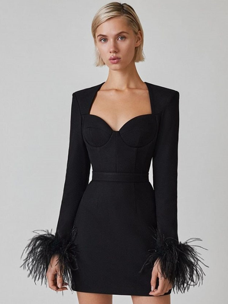 Women's Mini Dress | Feather Cuff Bustier Bodycon Long Sleeve