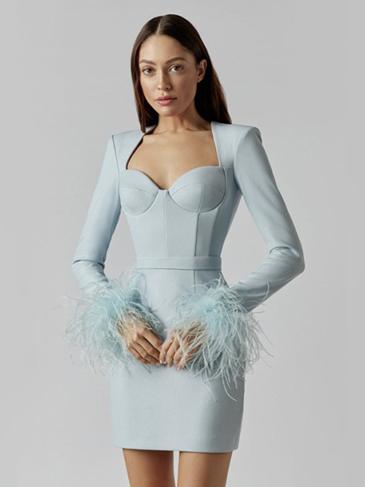 Women's Mini Dress | Feather Cuff Bustier Bodycon Long Sleeve