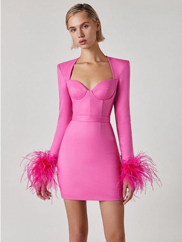 Women's Mini Dress | Feather Cuff Bustier Bodycon Long Sleeve