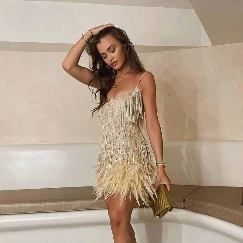 Women's Mini Dress | Sequin Design & Feather Trim