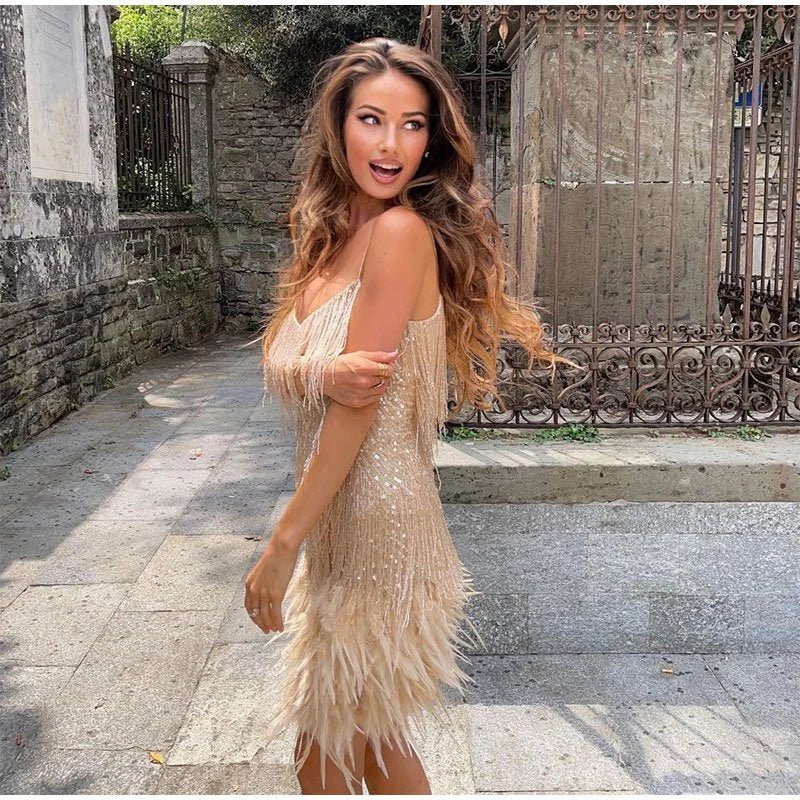 Women's Mini Dress | Sequin Design & Feather Trim