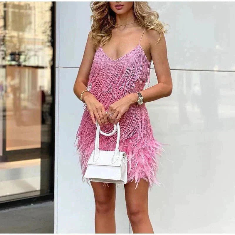 Women's Mini Dress | Sequin Design & Feather Trim