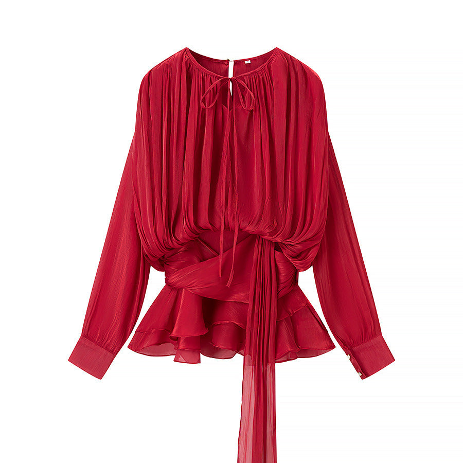 Women's Peplum Top | Tie Waist Blouson Sleeve