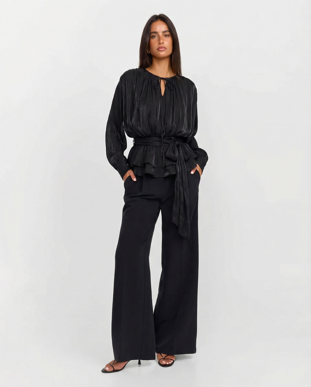 Women's Peplum Top | Tie Waist Blouson Sleeve