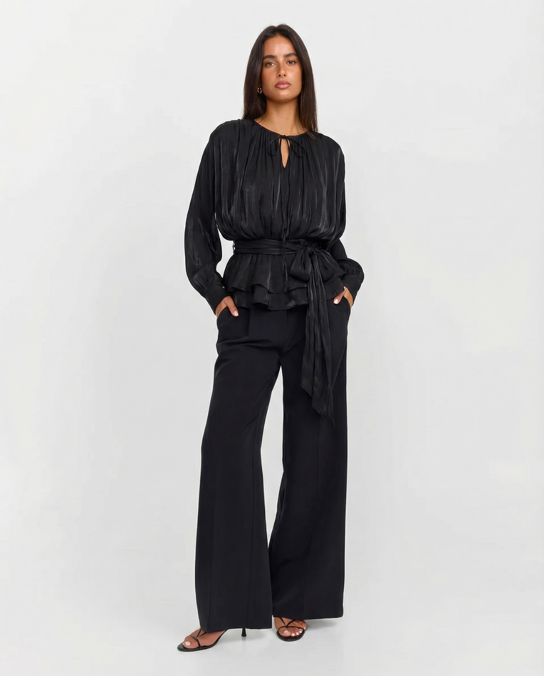 Women's Peplum Top | Tie Waist Blouson Sleeve