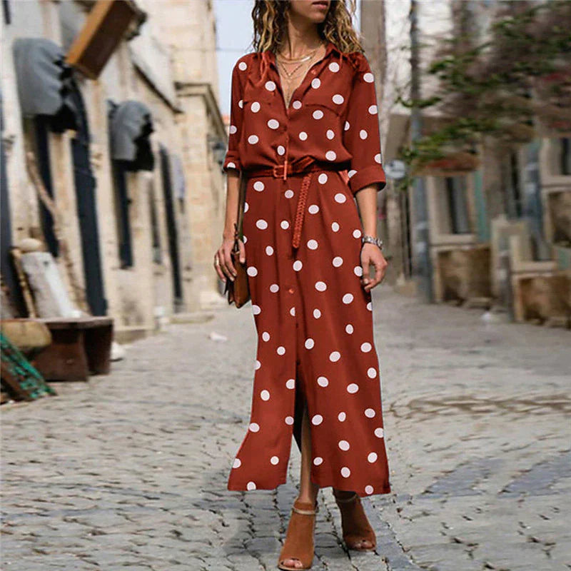 Women's Polka Dot Maxi Dress | Belted & Button-Down Style