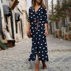 Women's Polka Dot Maxi Dress | Belted & Button-Down Style